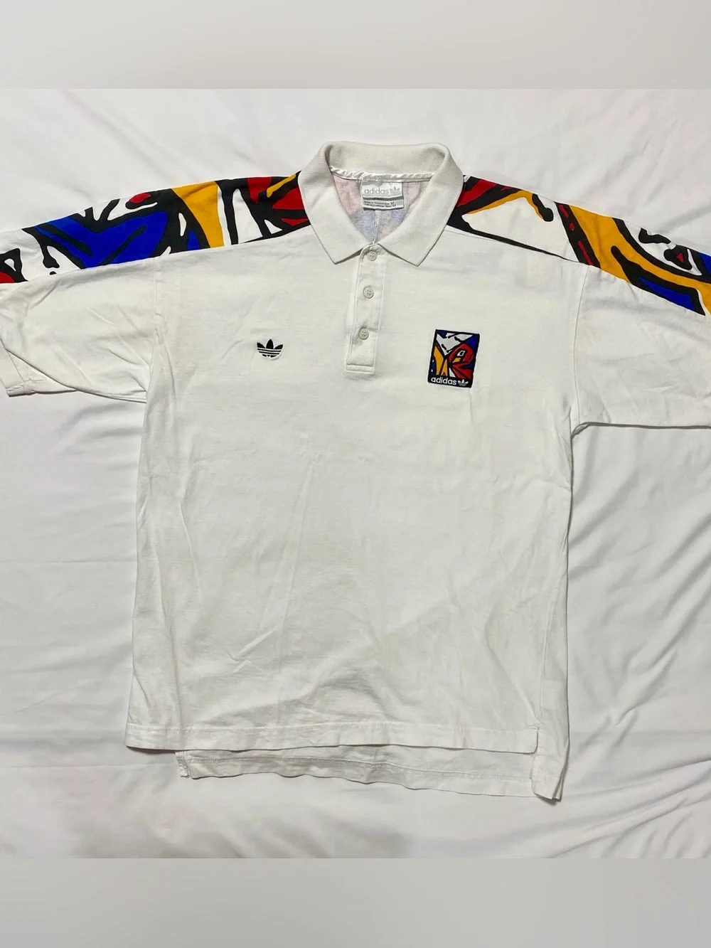 adidas White Polo with Bold Multicolor Shoulder Panels